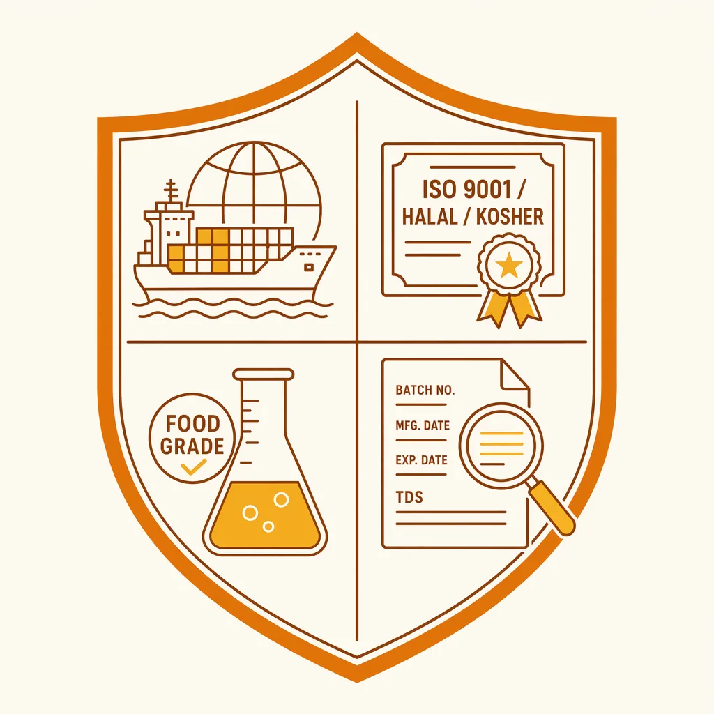 Alpha-Amylase quality &amp; certifications badge — ISO 9001, HALAL, KOSHER, Food Grade